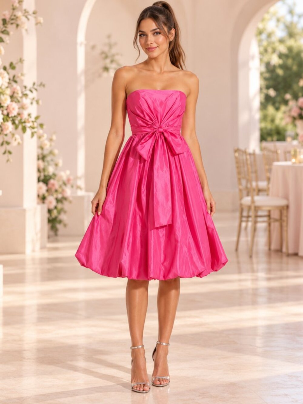 De Laru Collection Hot Pink Strapless Bubble Dress Bow Party Barbiecore Prom